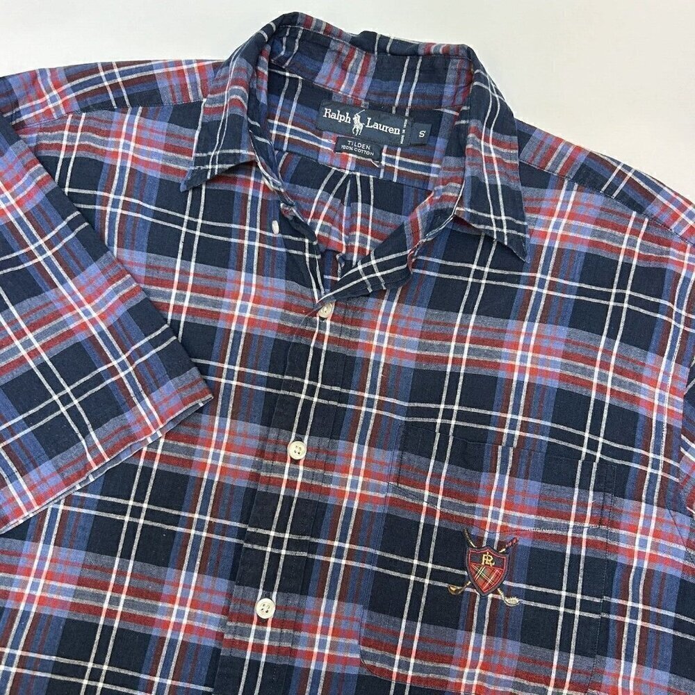 Ralph Lauren Shirt Mens Small Tilden Crest Logo Golf Clubs Blue Red Plaid Cotton